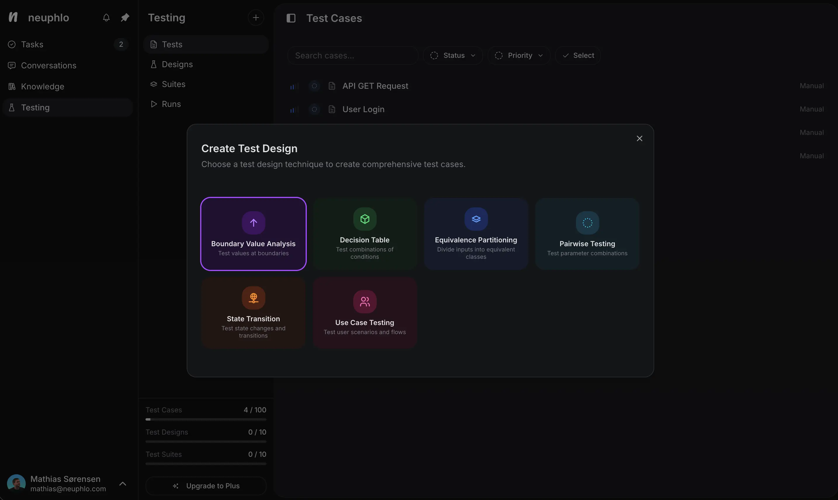 Neuphlo testing interface with test suites and execution results